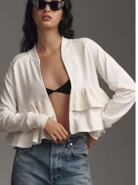 Anthropologie Optic White & Oatmeal Ruffled Zip-Front Jacket